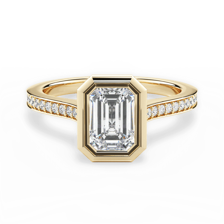 The Tyler Emerald Cut 18kt Yellow Gold Bezel-Set Pavé Diamond Band Engagement Ring