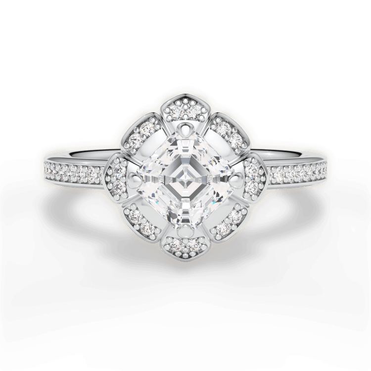The Celeste Asscher Cut Platinum Petal Halo Diamond Engagement Ring