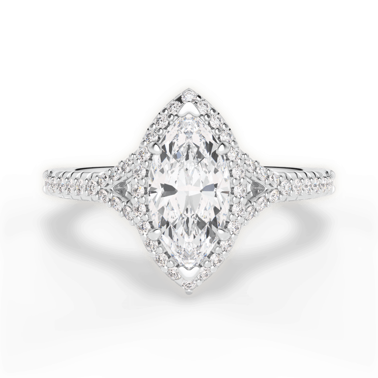 The Jordan Marquise Cut Platinum Dainty 'V' Band Halo Engagement Ring