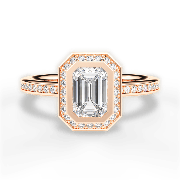 The Ritani Endless Love Emerald Cut 18kt Rose Gold Round Vintage Halo Micropavé Diamond Band Engagement Ring