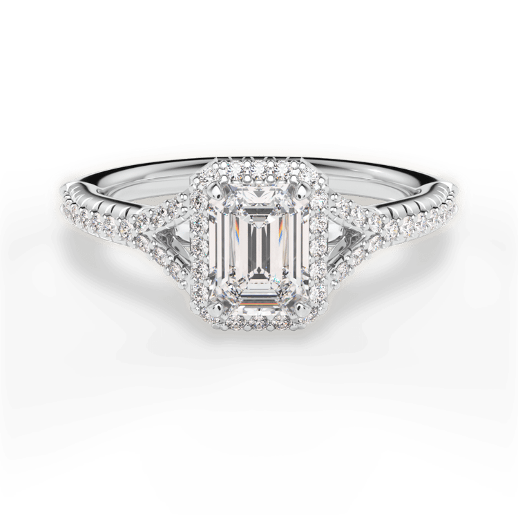 The Jordan Emerald Cut Platinum Dainty 'V' Band Halo Engagement Ring