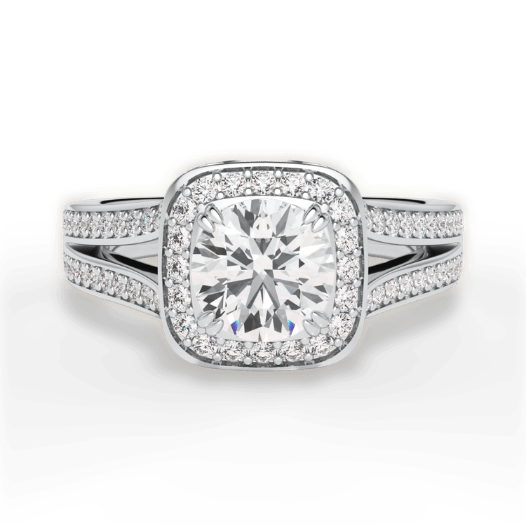 The Giulia Round Cut Platinum Masterwork Cushion Halo Diamond 'V' Band Engagement Ring