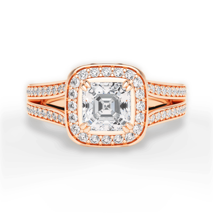 The Giulia Asscher Cut 18kt Rose Gold Masterwork Cushion Halo Diamond V Band Engagement Ring