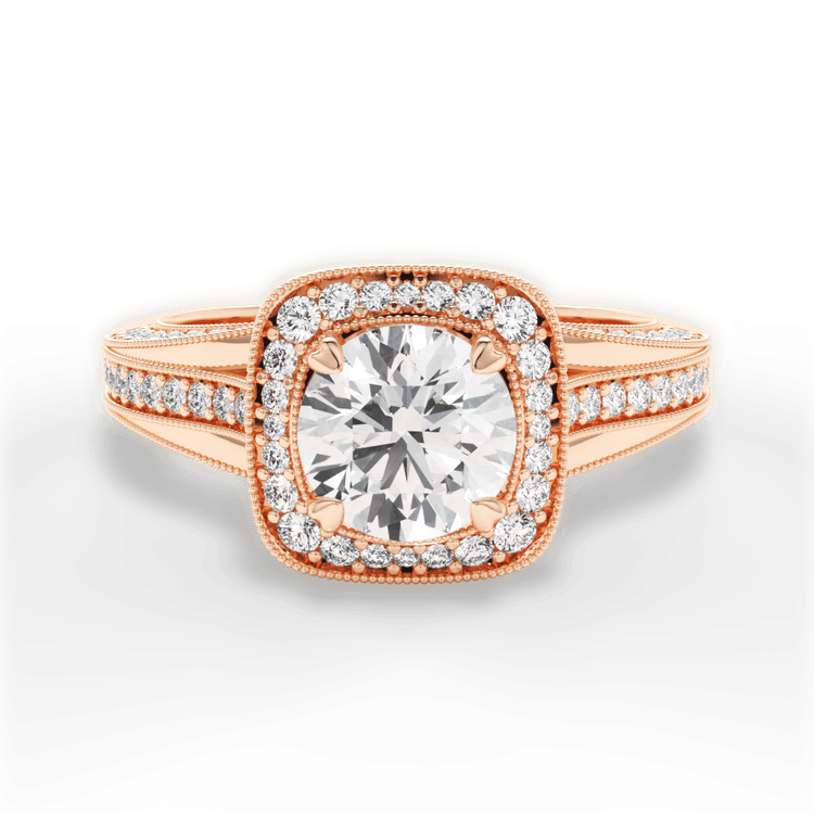 The Cecile Round Cut 18kt Rose Gold Masterwork Cushion Halo Vaulted Milgrain Diamond Engagement Ring