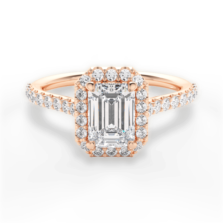 The Layla Emerald Cut 18kt Rose Gold French-Set Halo Diamond Band Engagement Ring