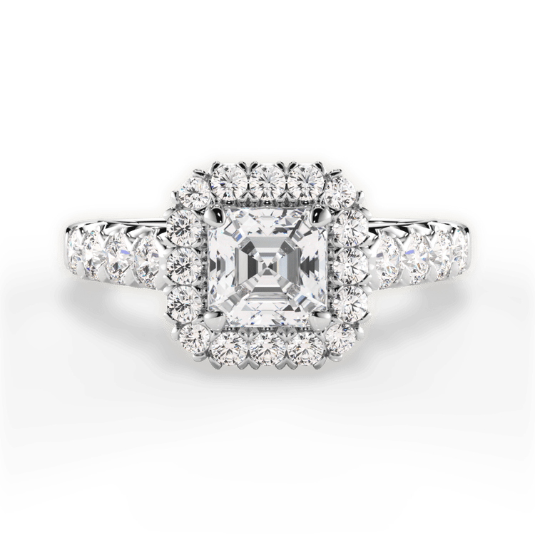 The Cesia Asscher Cut Platinum Masterwork Halo Diamond Band Engagement Ring