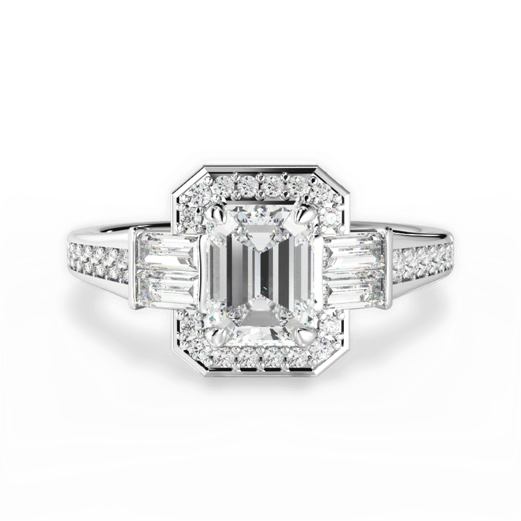 The Ada Emerald Cut Platinum Baguette Halo Diamond Engagement Ring