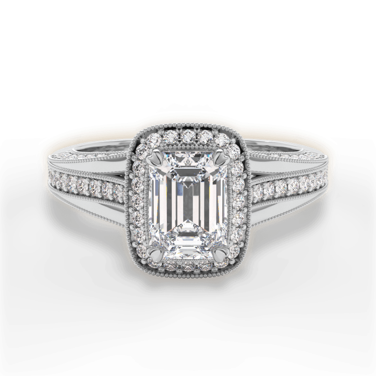 The Cecile Emerald Cut Platinum Masterwork Cushion Halo Vaulted Milgrain Diamond Engagement Ring