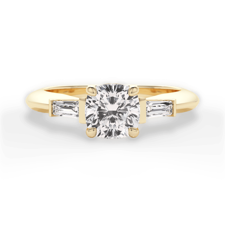 The Emma Cushion Cut 18kt Yellow Gold Tapered Baguette Diamond Engagement Ring