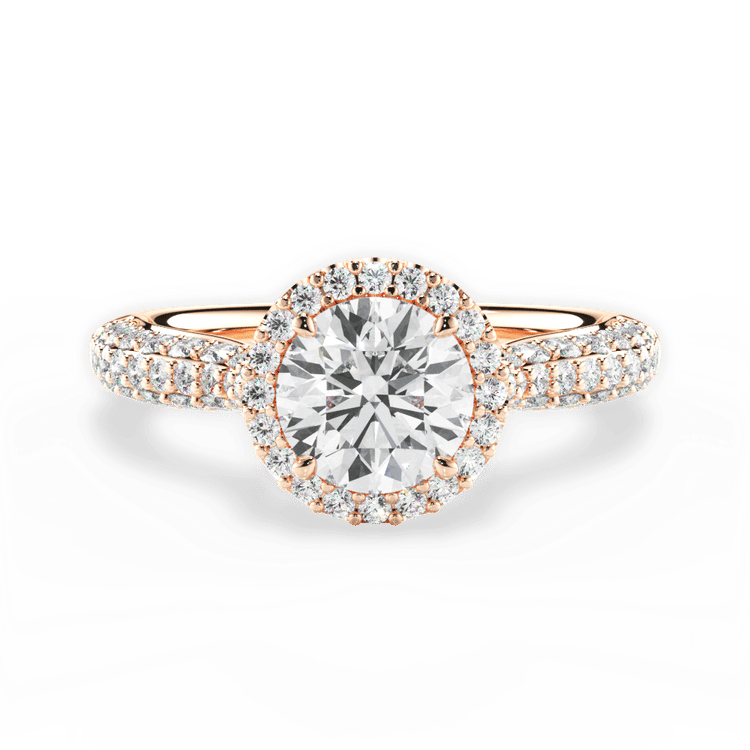 The Leilani Round Cut 18kt Rose Gold Three Row Pavé Diamond Halo Engagement Ring