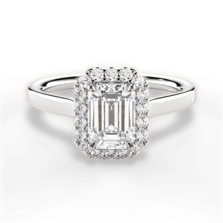 The Ivy Emerald Cut Platinum Plain Band French-Set Halo Engagement Ring