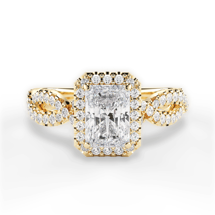 The Grace Radiant Cut 18kt Yellow Gold Diamond Twist Halo Engagement Ring