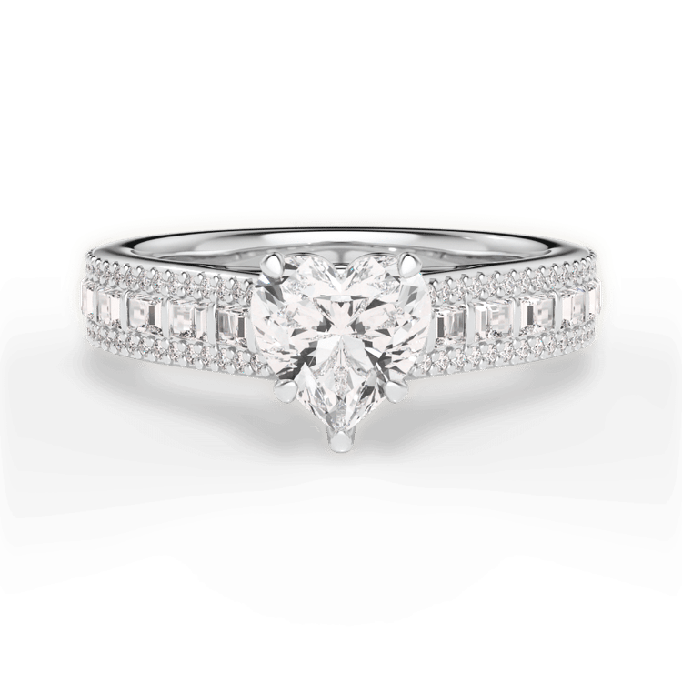 The Deni Heart Shaped Platinum Round & Baguette Diamond Engagement Ring
