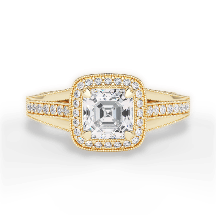 The Cecile Asscher Cut 18kt Yellow Gold Masterwork Cushion Halo Vaulted Milgrain Diamond Engagement Ring With Surprise Diamonds