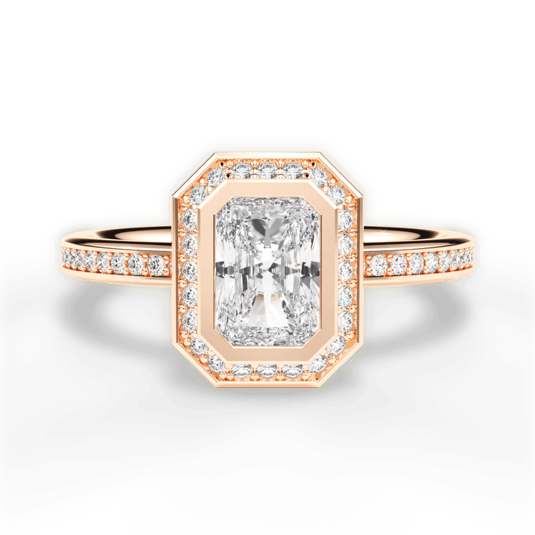 The Ritani Endless Love Radiant Cut 18kt Rose Gold Round Vintage Halo Micropavé Diamond Band Engagement Ring