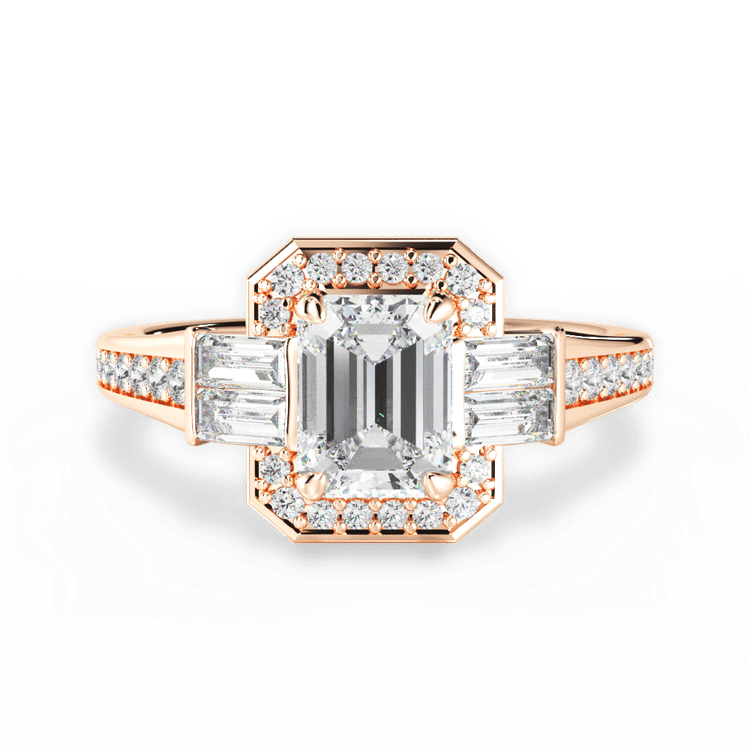 The Ada Emerald Cut 18kt Rose Gold Baguette Halo Diamond Engagement Ring