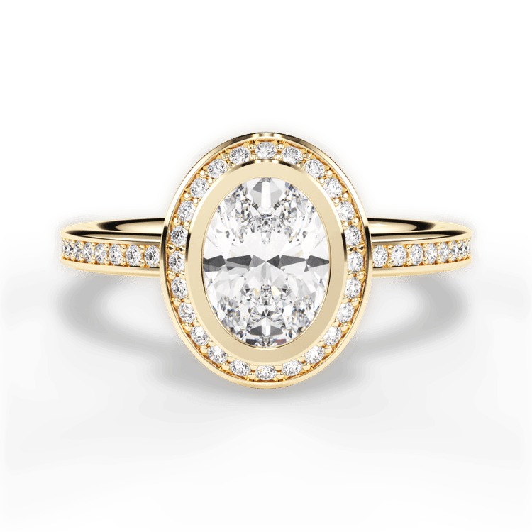 The Ritani Endless Love Oval Cut 18kt Yellow Gold Round Vintage Halo Micropavé Diamond Band Engagement Ring