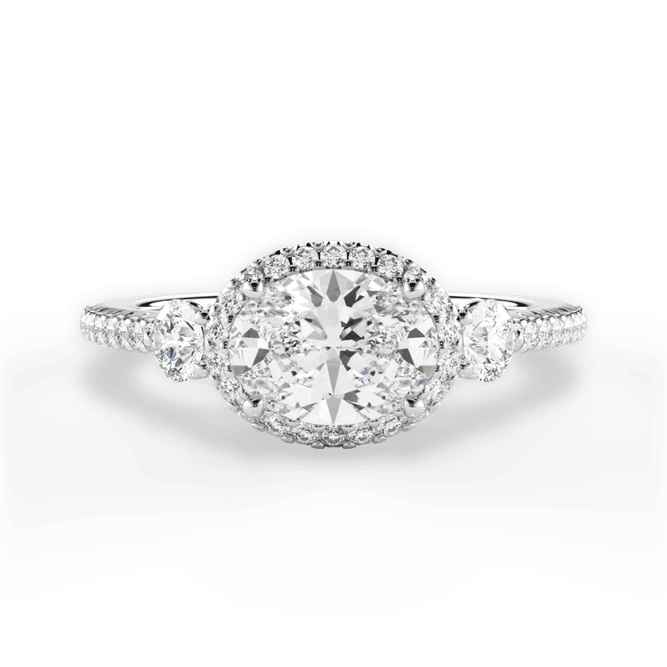 The Emelia Oval Cut Platinum East To West Three-Stone Halo Diamond Band Engagement Ring