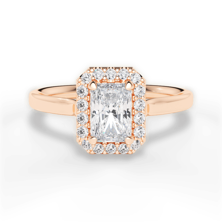 The Ivy Radiant Cut 18kt Rose Gold Plain Band French-Set Halo Engagement Ring