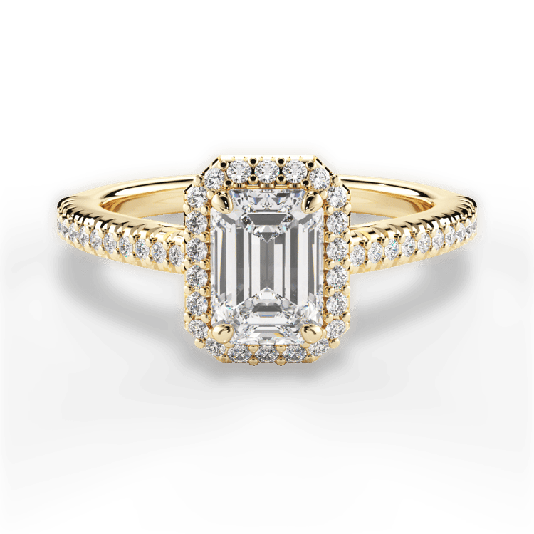 The Kris Emerald Cut 18kt Yellow Gold Vaulted Halo Diamond Band Engagement Ring