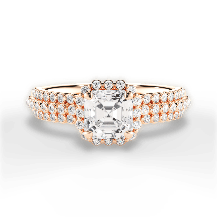 The Electra Asscher Cut 18kt Rose Gold Three Row Graduating Diamond Halo Engagement Ring