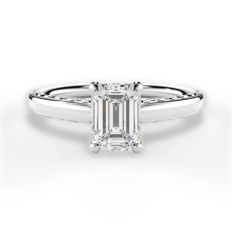 The Alessia Emerald Cut Platinum Engraved Solitaire Engagement Ring