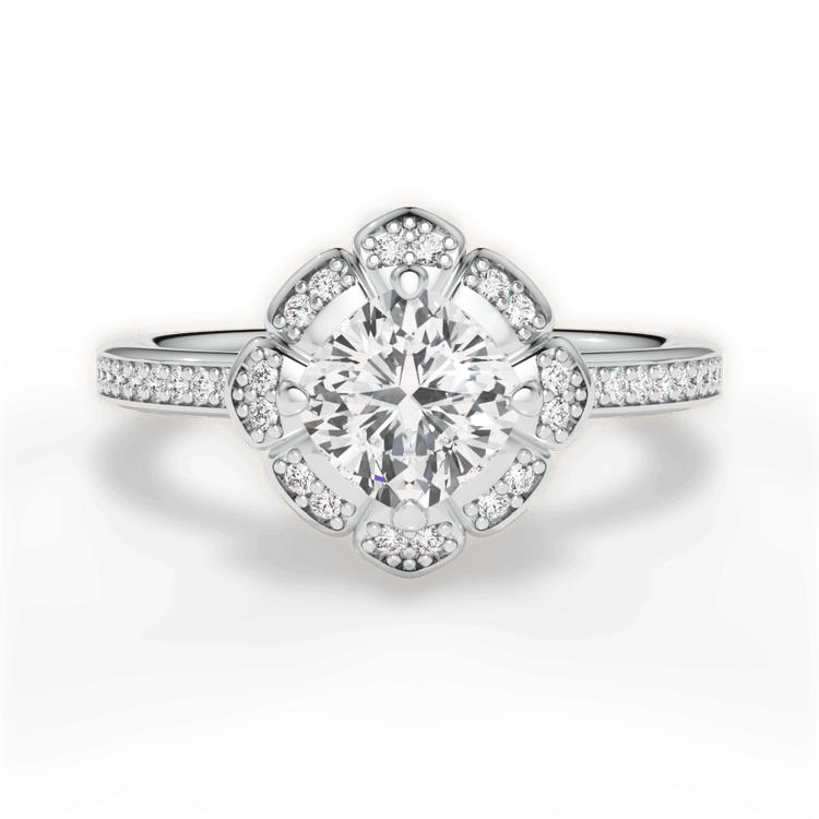 The Celeste Cushion Cut Platinum Petal Halo Diamond Engagement Ring