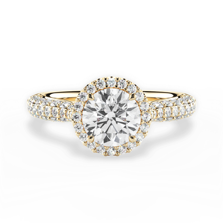 The Leilani Round Cut 18kt Yellow Gold Three Row Pavé Diamond Halo Engagement Ring