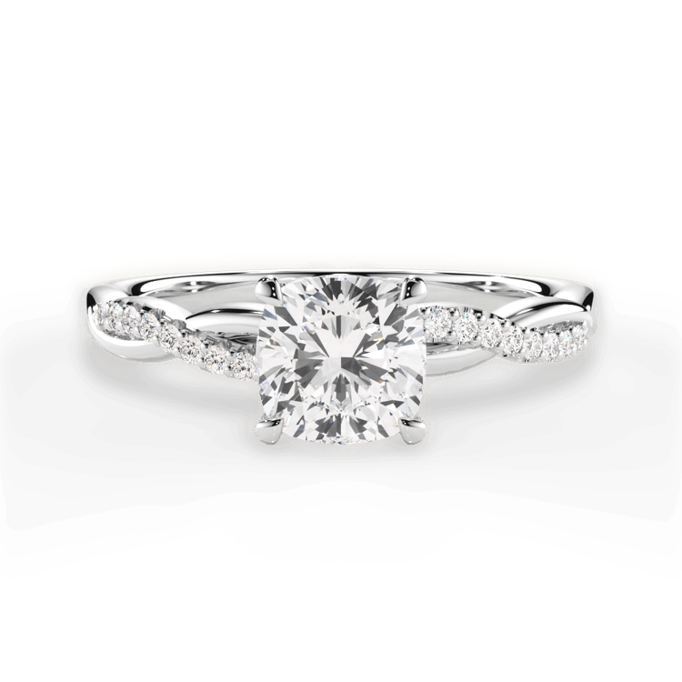 The Mia Cushion Cut Platinum Petite Half Diamond Twist Engagement Ring