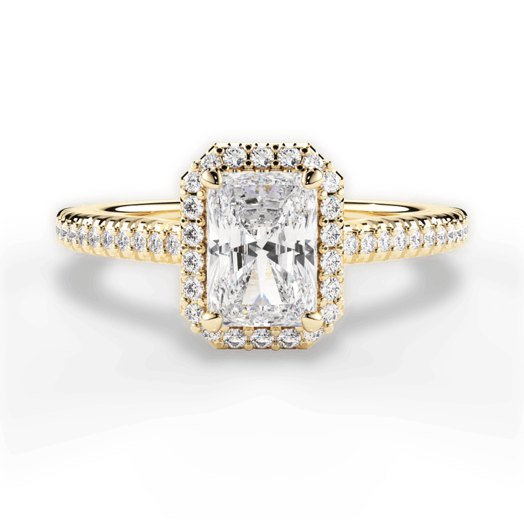 The Kris Radiant Cut 18kt Yellow Gold Vaulted Halo Diamond Band Engagement Ring