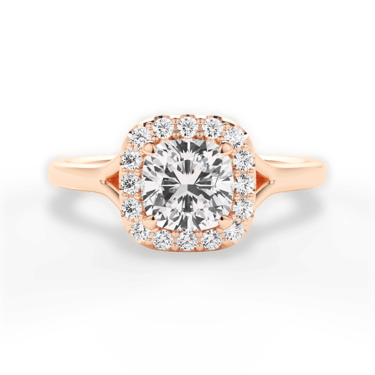 The Celia Cushion Cut 18kt Rose Gold Split Shank Halo Diamond Engagement Ring
