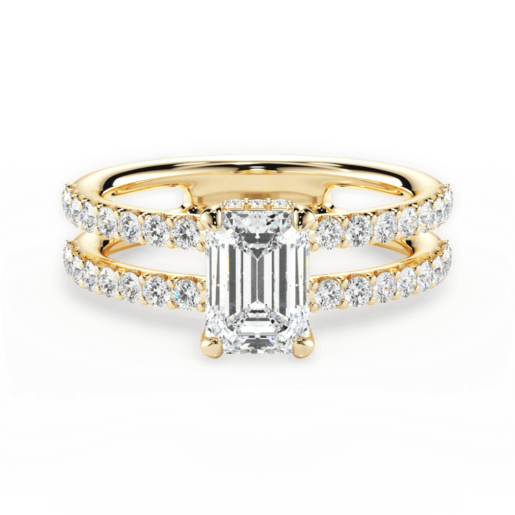 The Astra Emerald Cut 18kt Yellow Gold Double Row Diamond Engagement Ring