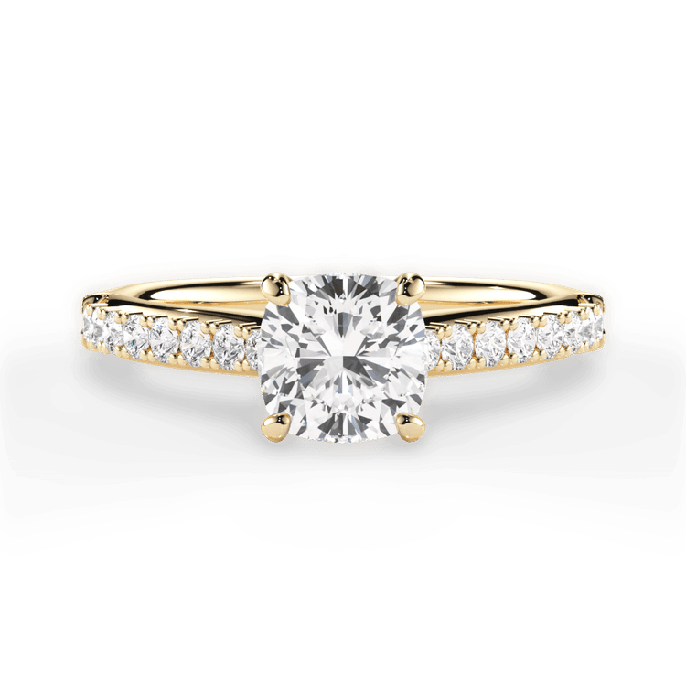 The Adele Cushion Cut 18kt Yellow Gold French-Set Diamond Band Engagement Ring