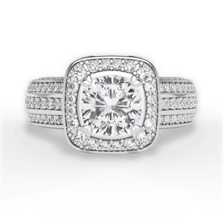 The Marisa Cushion Cut Platinum Masterwork Cushion Halo Triple Diamond Band Engagement Ring