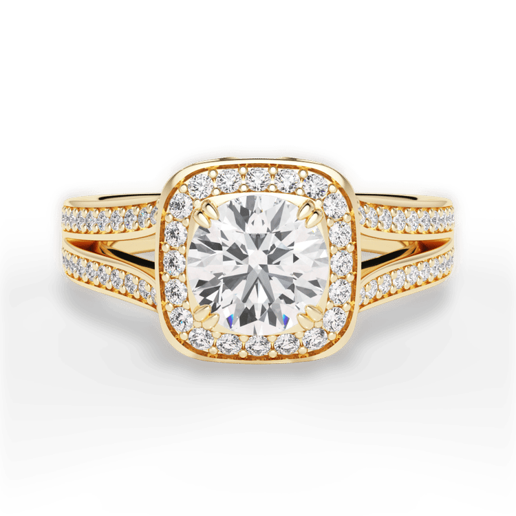 The Giulia Round Cut 18kt Yellow Gold Masterwork Cushion Halo Diamond 'V' Band Engagement Ring