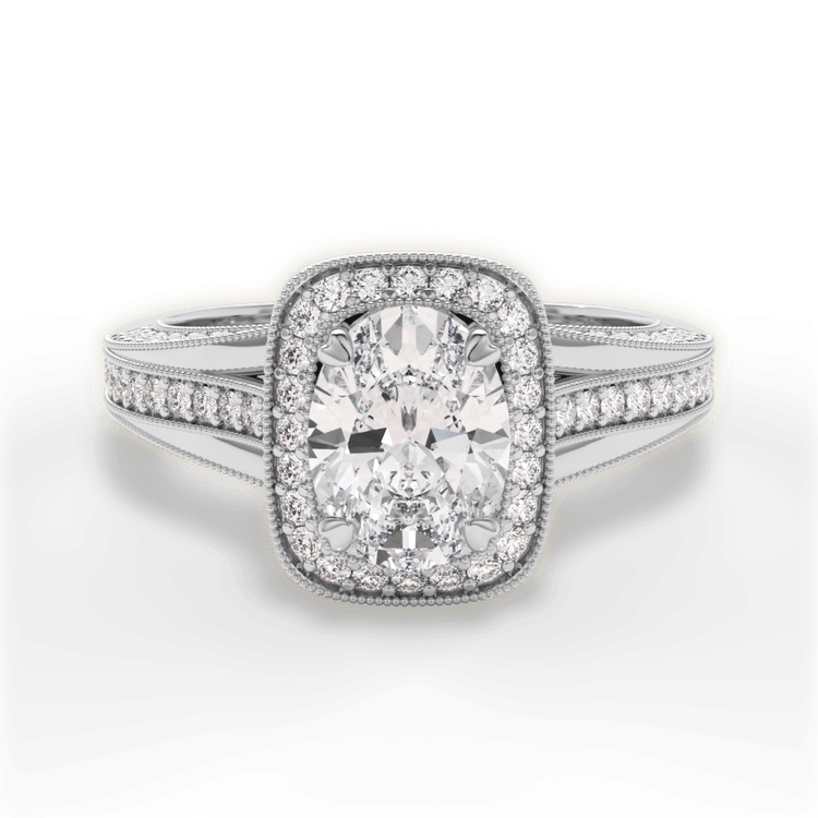 The Cecile Oval Cut Platinum Masterwork Cushion Halo Vaulted Milgrain Diamond Engagement Ring