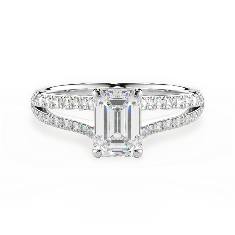The Bicia Emerald Cut Platinum Double French-Set Diamond 'V' Engagement Ring