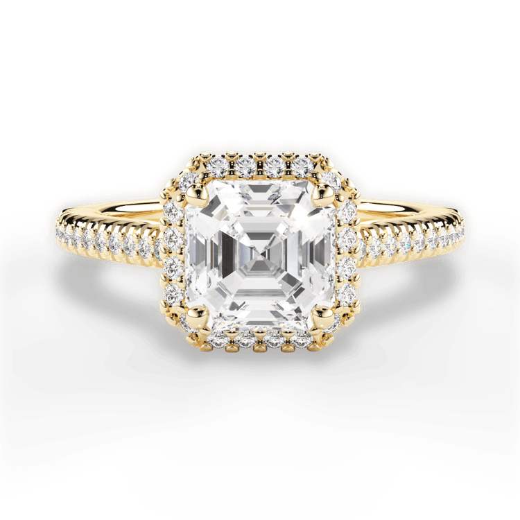 The Kris Asscher Cut 18kt Yellow Gold Vaulted Halo Diamond Band Engagement Ring