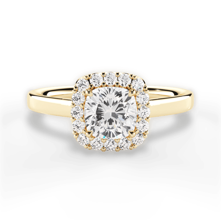 The Ivy Cushion Cut 18kt Yellow Gold Plain Band French-Set Halo Engagement Ring