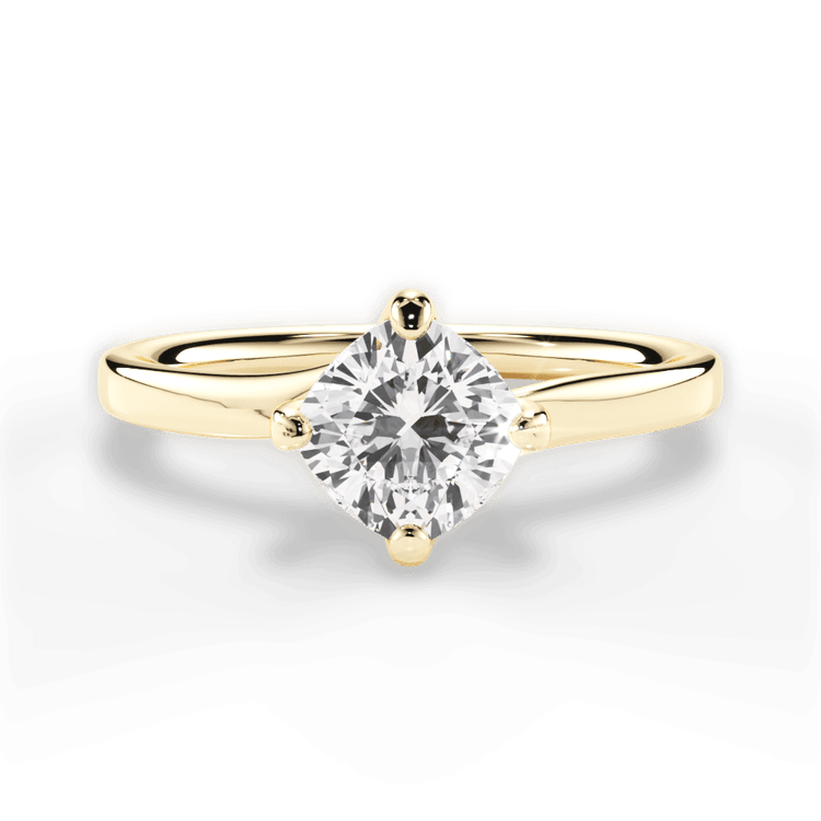 The Evelyn Cushion Cut 18kt Yellow Gold Solitaire Kite Set Swirl Engagement Ring