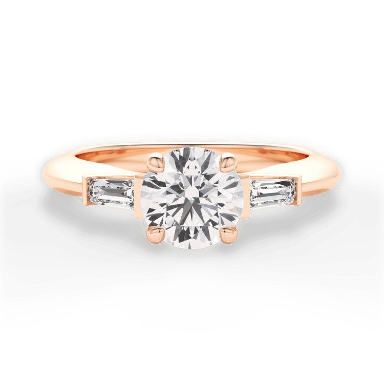 The Emma Round Cut 18kt Rose Gold Tapered Baguette Diamond Engagement Ring