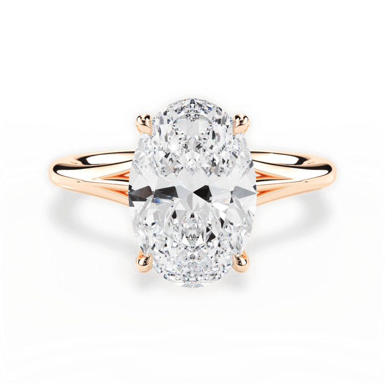 The Amata Oval Cut 18kt Rose Gold Four-Prong Trellis Cathedral Solitaire Engagement Ring