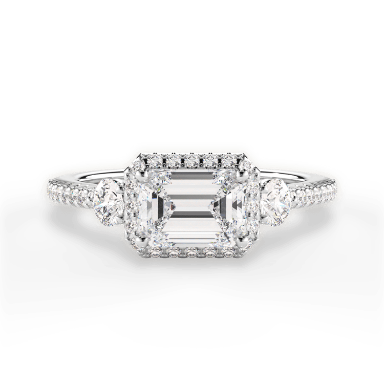 The Emelia Emerald Cut Platinum East To West Three-Stone Halo Diamond Band Engagement Ring
