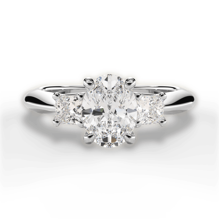 The Ellie Oval Cut Platinum Three-Stone Solitaire Engagement Ring
