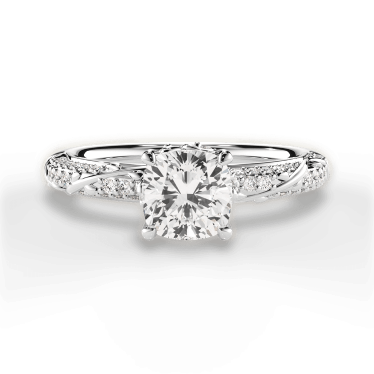 The Felicia Cushion Cut Platinum Three Row Diamond Vine Engagement Ring
