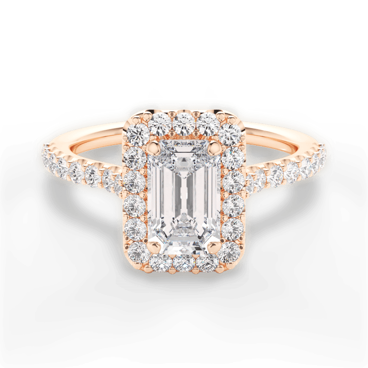 The Aria Emerald Cut 18kt Rose Gold Halo Diamond Engagement Ring