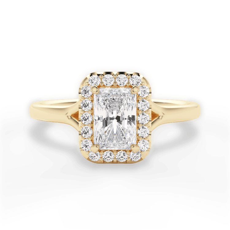 The Celia Radiant Cut 18kt Yellow Gold Split Shank Halo Diamond Engagement Ring