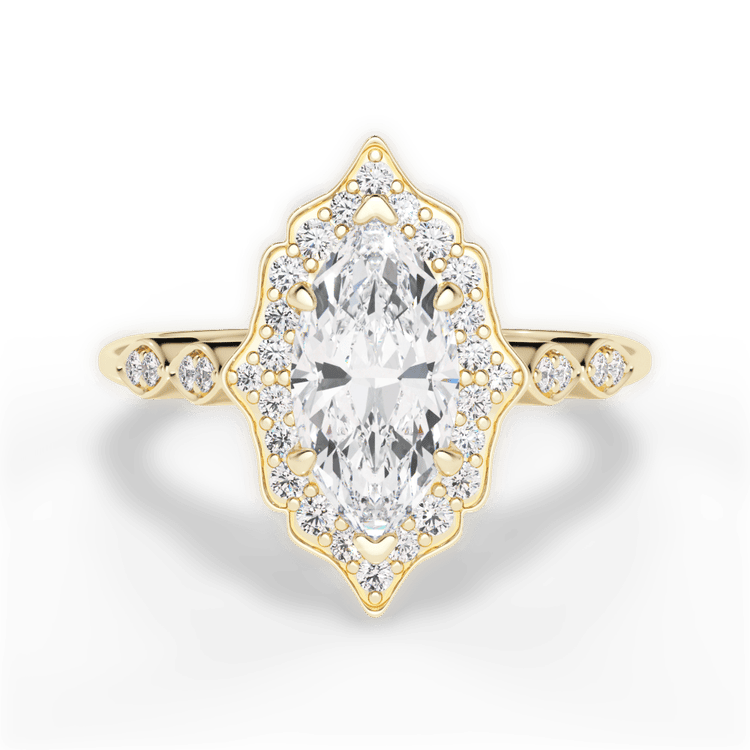 The Capri Marquise Cut 18kt Yellow Gold Vintage Floral Halo Diamond Engagement Ring