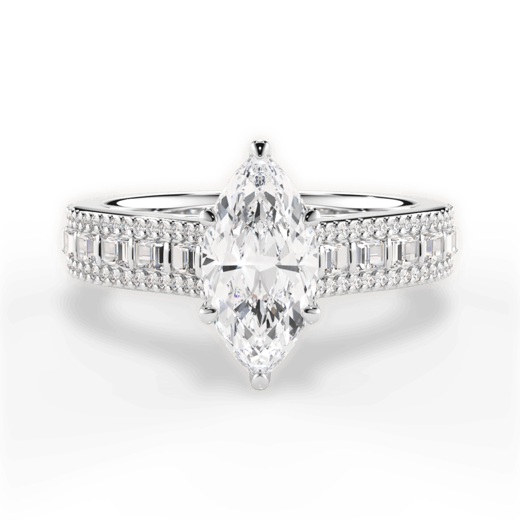 The Deni Marquise Cut Platinum Round & Baguette Diamond Engagement Ring