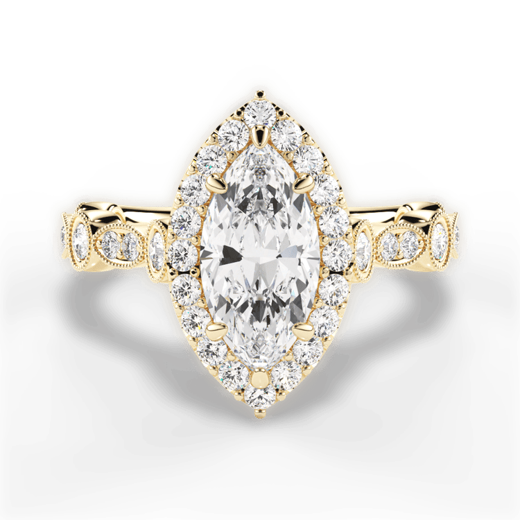 18kt Yellow Gold Round & Marquise Diamond Halo Engagement Ring